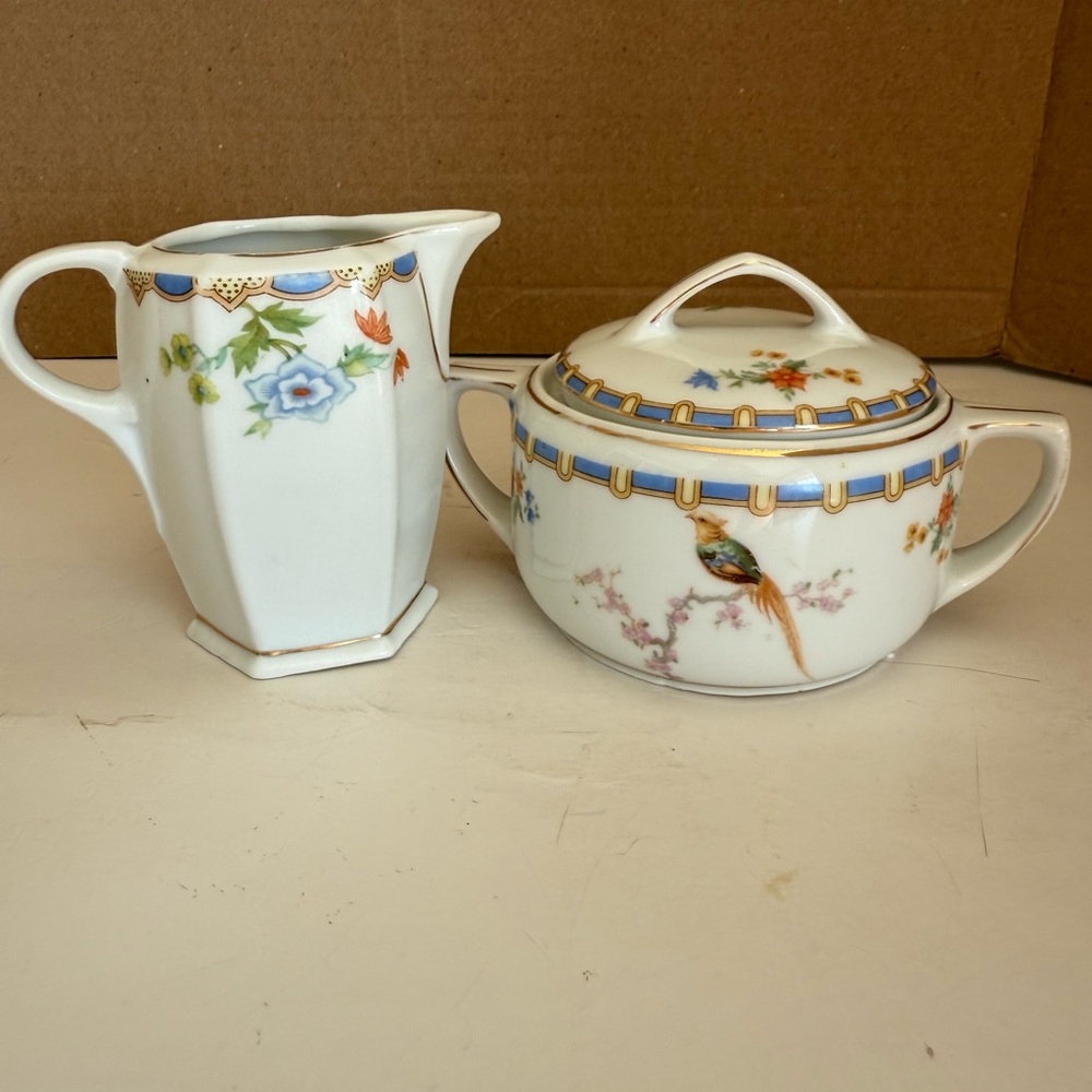 Antique MZ Porcelain Cream + Sugar w/Lid in Victoria or Golden Pheasant Pattern